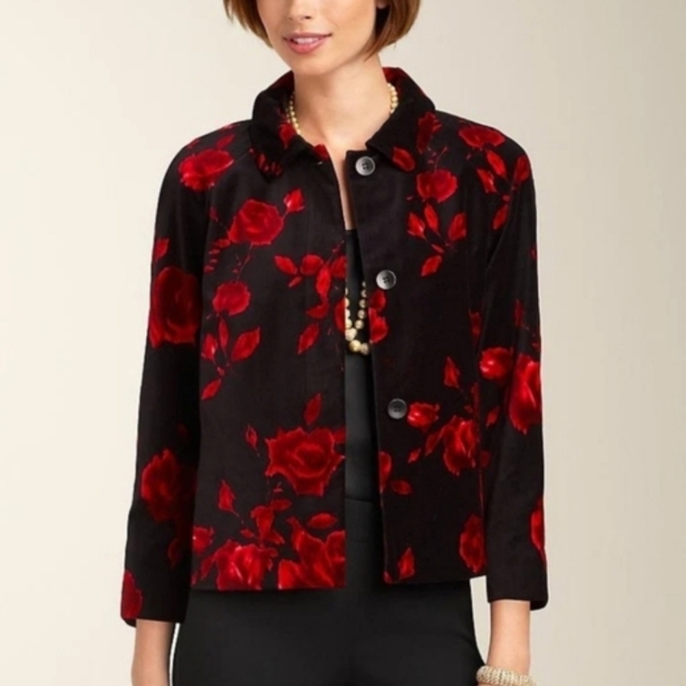Talbots Velvet Black Red Roses Floral Blazer